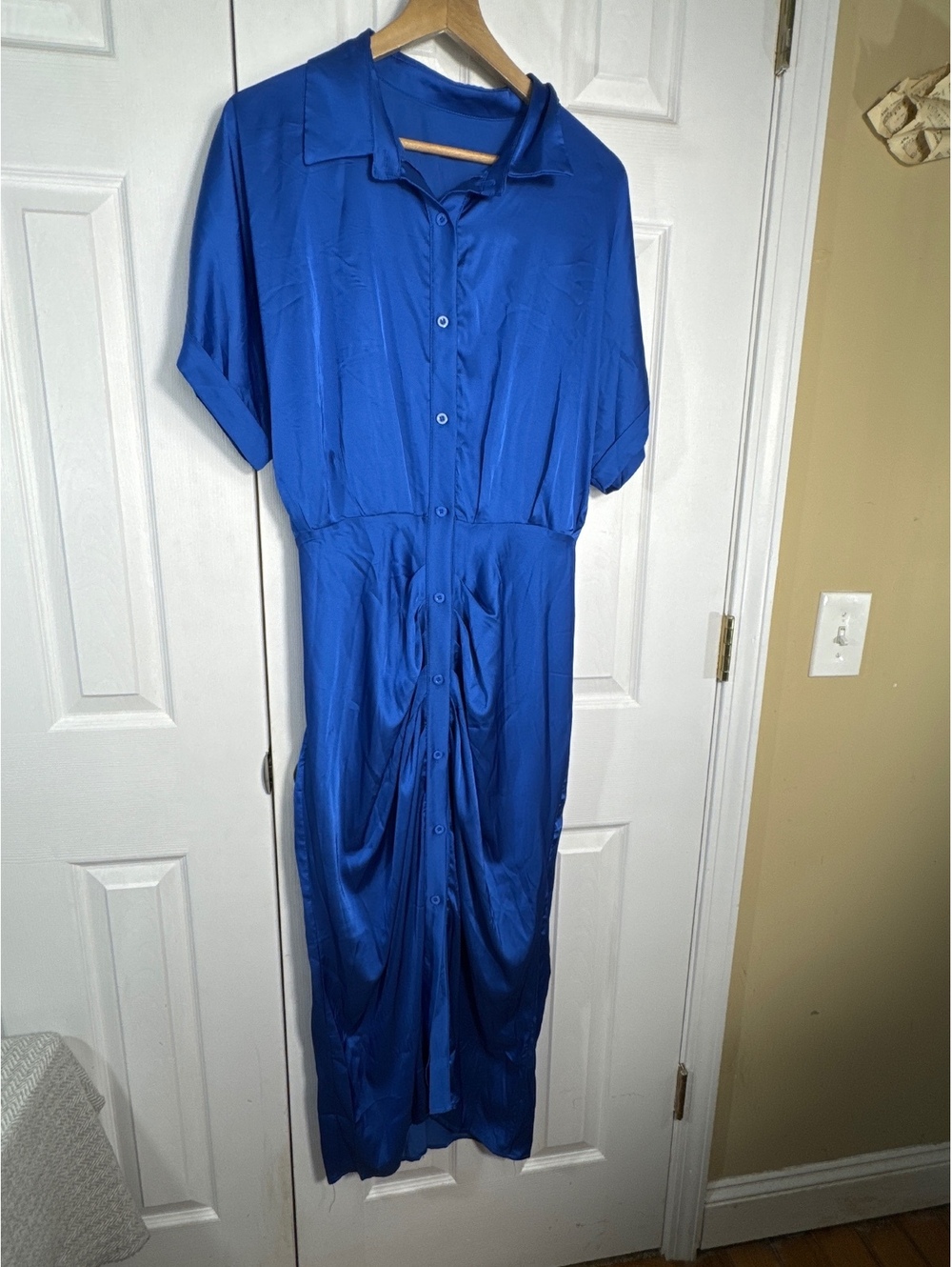 LYANER Blue Button-Front Maxi Dress with Waist Tie, XL